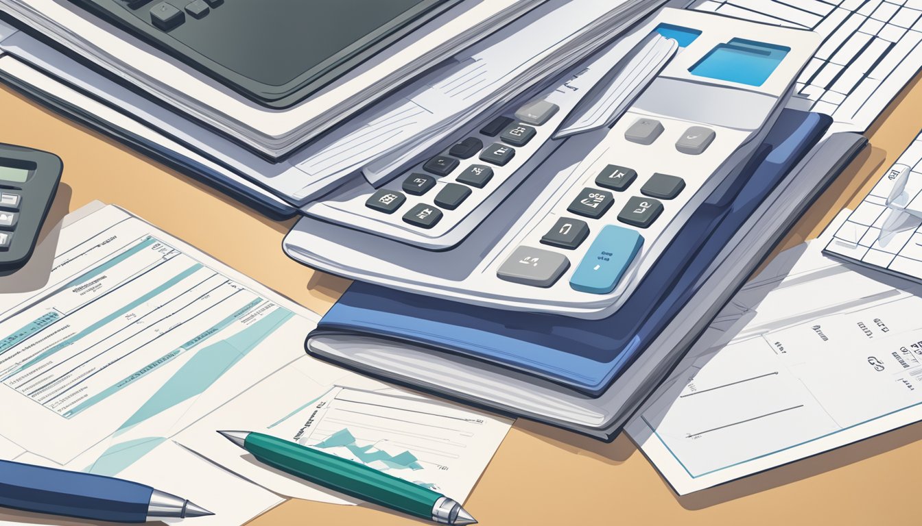 A stack of business loan documents sits on a desk, with a pen and calculator nearby. The documents are neatly organized and ready for review