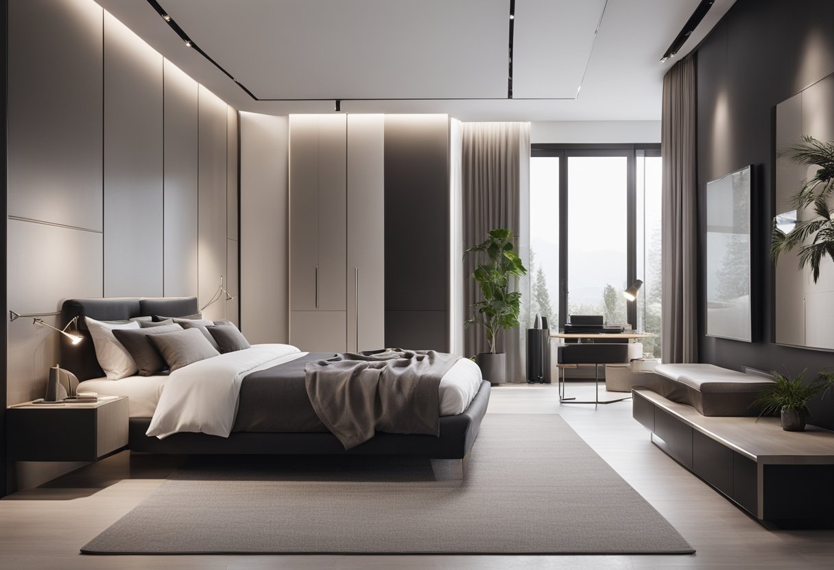 A modern bedroom with a sleek wardrobe, clean lines, and minimalistic decor