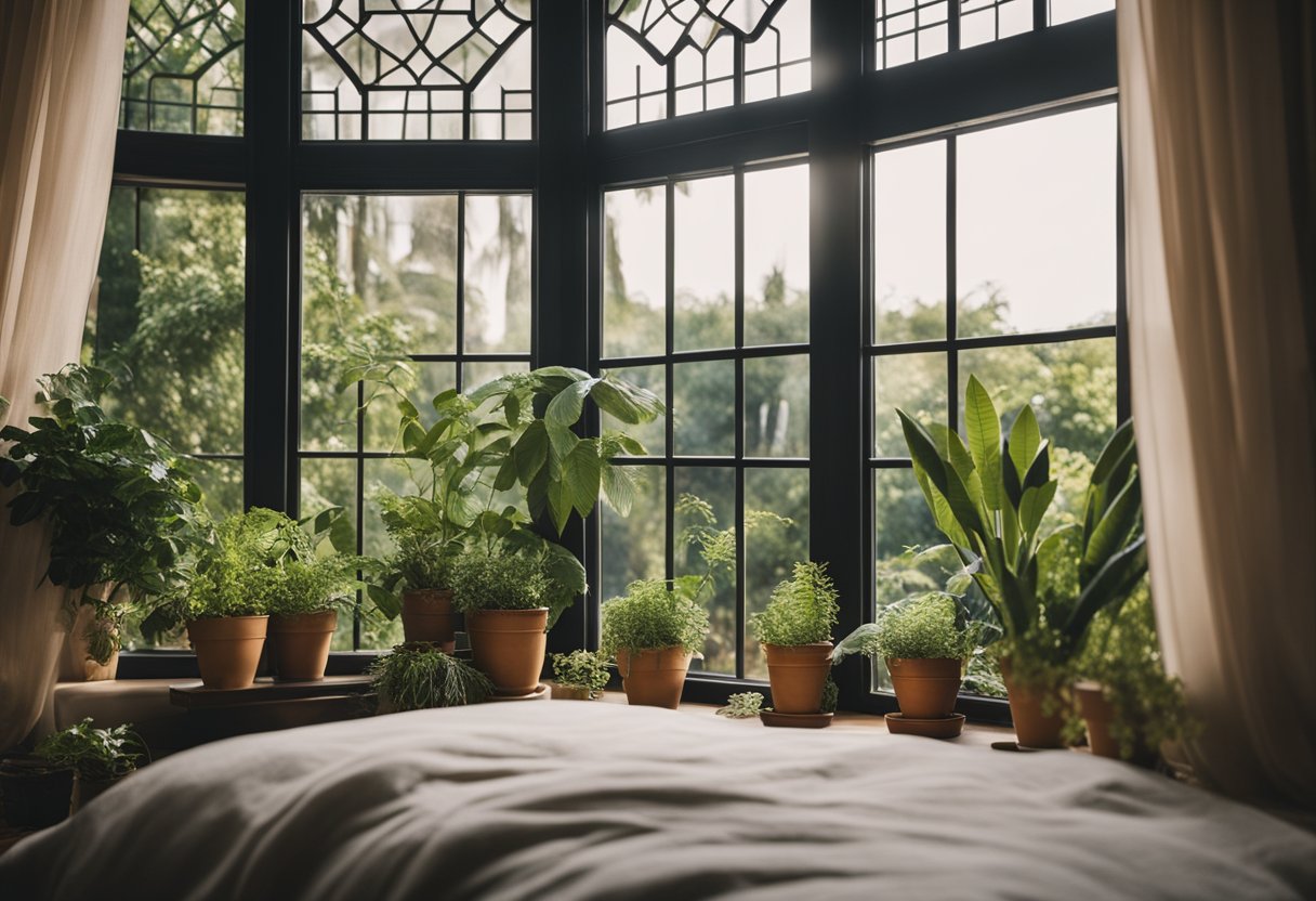 A cozy bedroom with a large, ornate window overlooking a lush garden. The window is adorned with flowing curtains and surrounded by potted plants