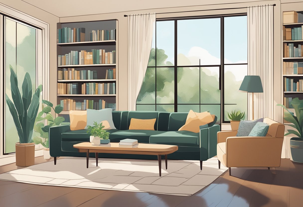 A cozy living room with a modern sofa, a stylish coffee table, and a bookshelf filled with design books. A large window lets in natural light, and a potted plant adds a touch of greenery