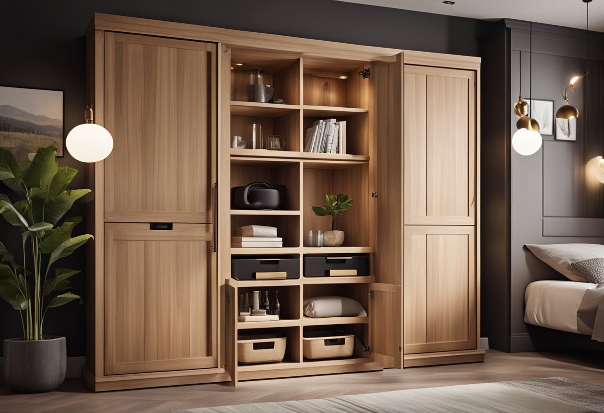 A wooden cupboard with adjustable shelves and drawers, personalized with unique designs, fits seamlessly into a cozy bedroom setting