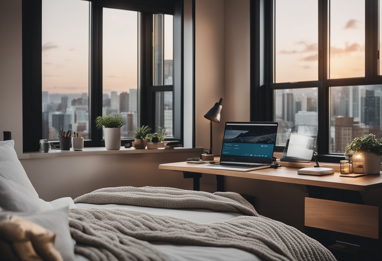 A cozy bedroom with a large window, featuring a neatly organized desk with a computer, a bookshelf, and a comfortable bed with plush pillows and a warm throw blanket