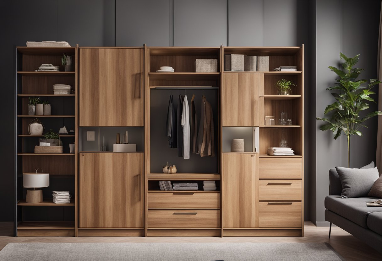 A wooden cupboard stands in a cozy bedroom, with multiple shelves and drawers for storage. The design is sleek and modern, with clean lines and a warm finish