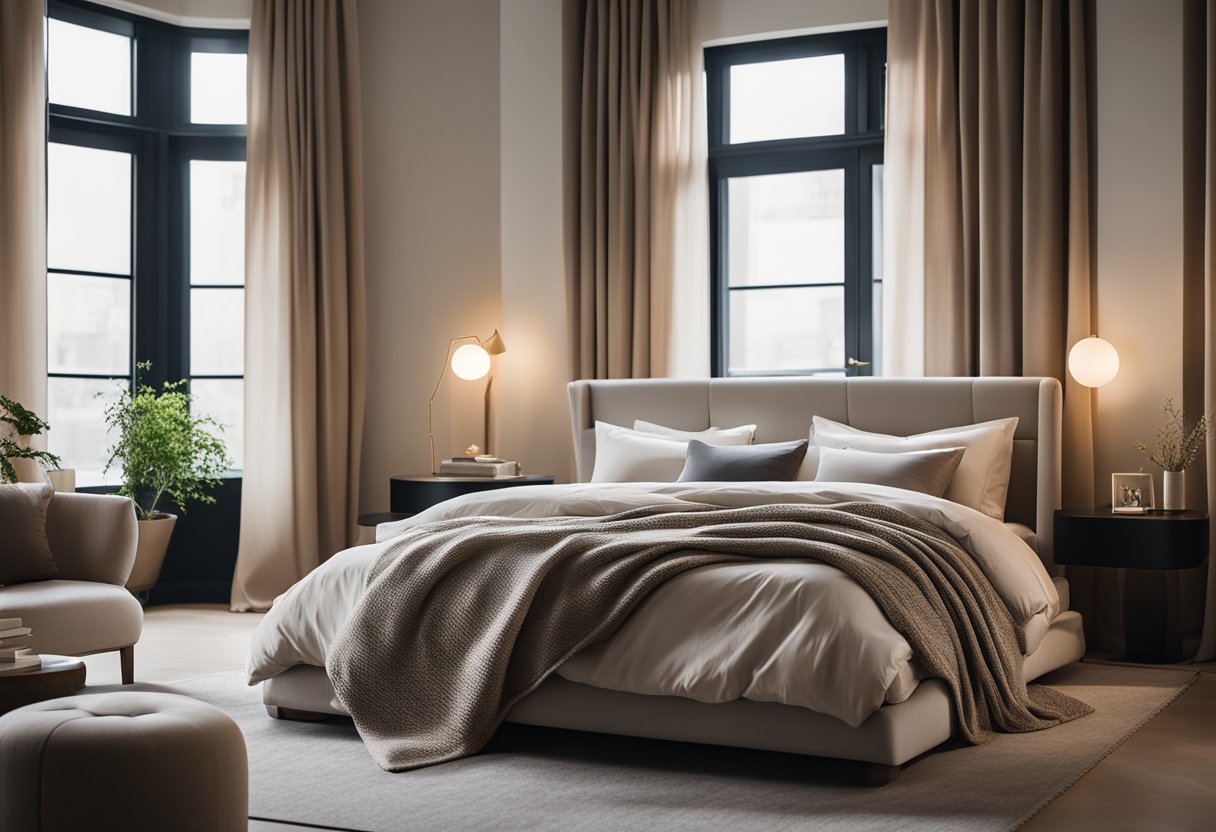 A cozy bedroom with a neutral color palette, a plush bed with layered textiles, a stylish nightstand with a lamp, and a large window with flowing curtains
