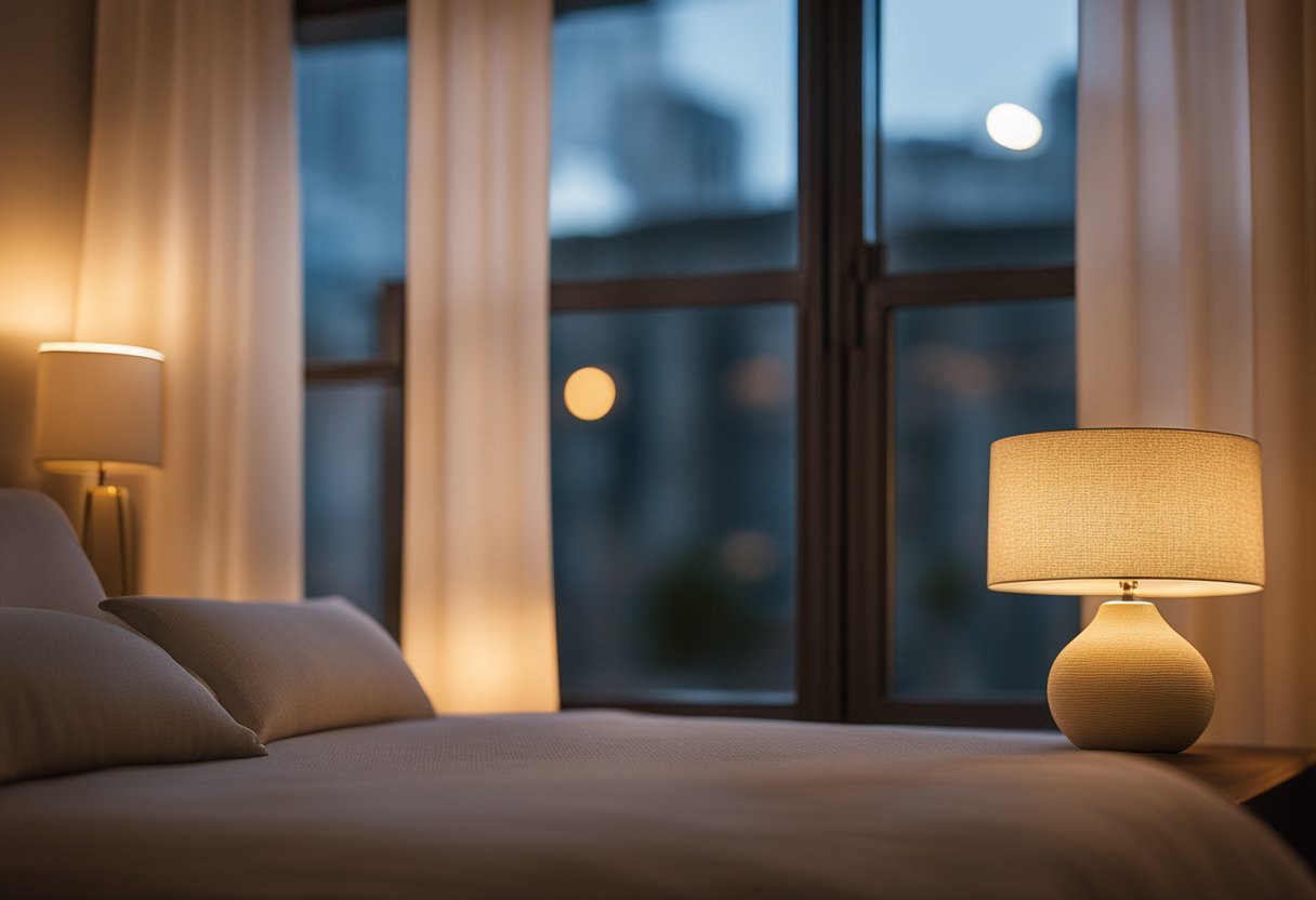 Soft, warm light emanates from the bedside lamps, casting a gentle glow across the room. The curtains are drawn, allowing a soft, diffused light to filter in, creating a cozy and inviting atmosphere