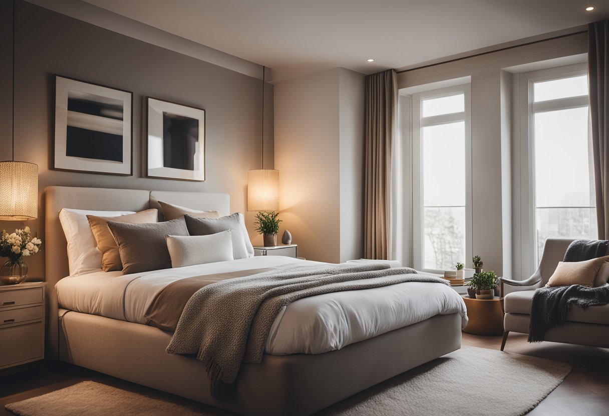 A cozy bedroom with soft lighting, plush bedding, and stylish decor. A large window lets in natural light, and a warm color scheme creates a relaxing atmosphere