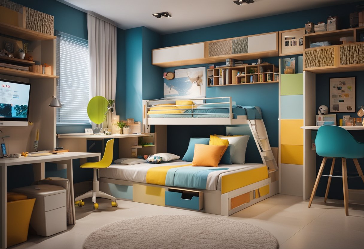 A teenager's HDB bedroom with colorful walls, a study desk, bunk bed, and shelves filled with books and toys