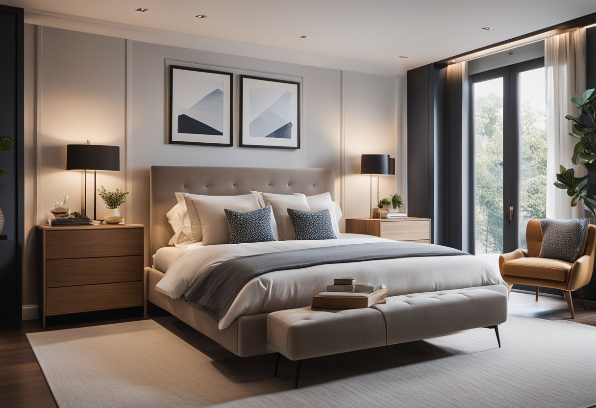 A cozy bedroom with a modern design, featuring a comfortable bed with plush pillows, a stylish nightstand with a lamp, and a large window letting in natural light