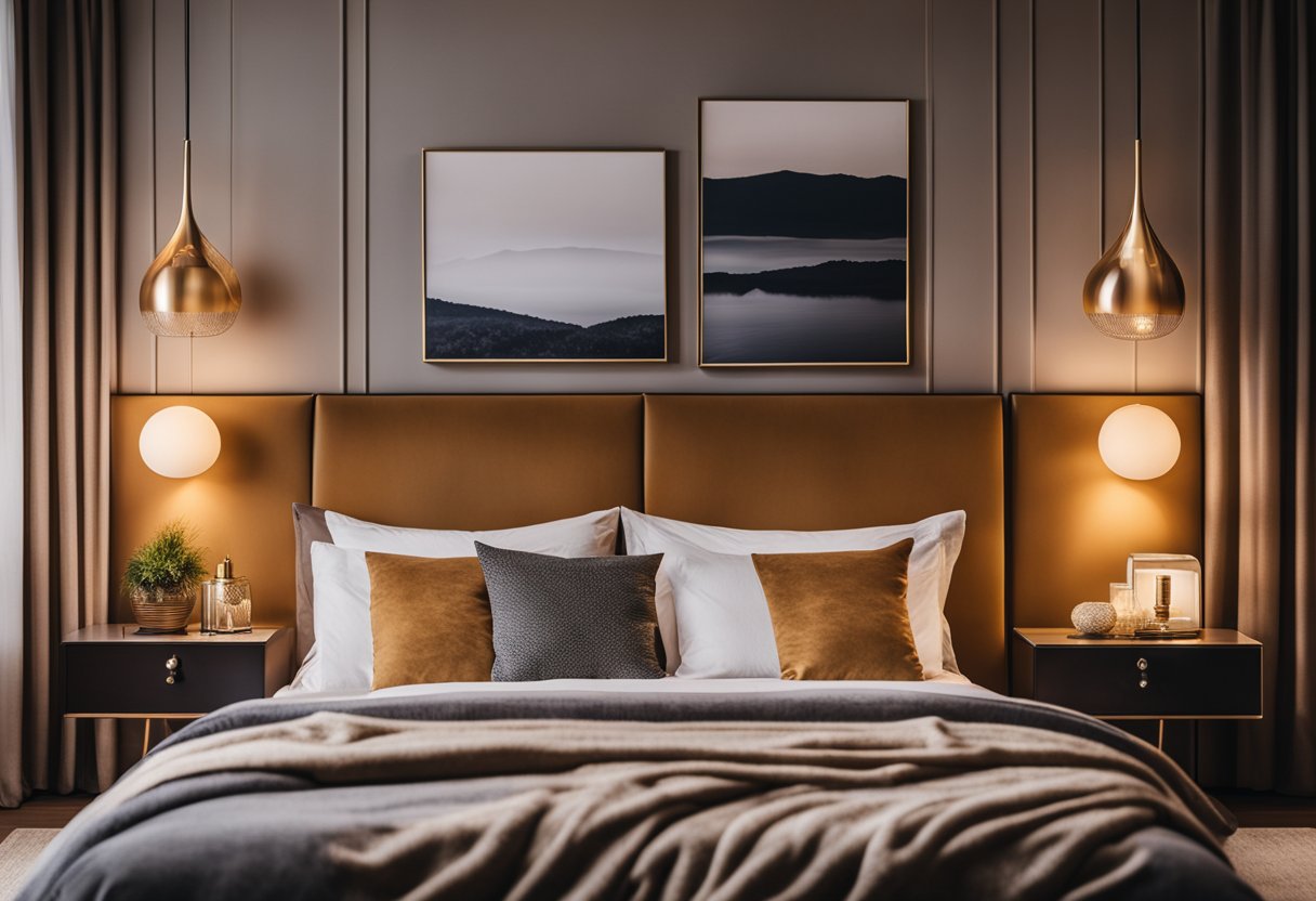 A cozy bedroom with warm, ambient lighting from a stylish pendant light and adjustable bedside lamps