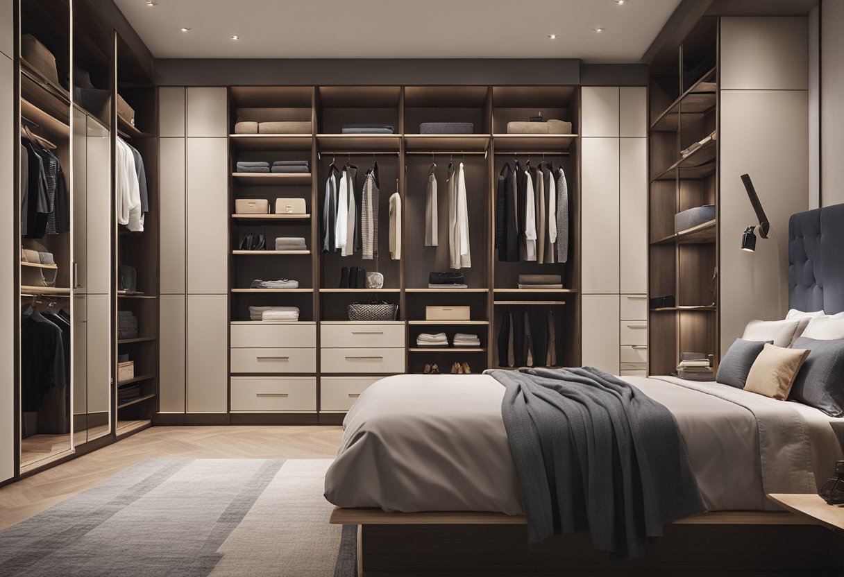 A spacious bedroom with a large wardrobe featuring sleek, modern designs. The interior showcases organized shelves, drawers, and hanging space for clothes and accessories