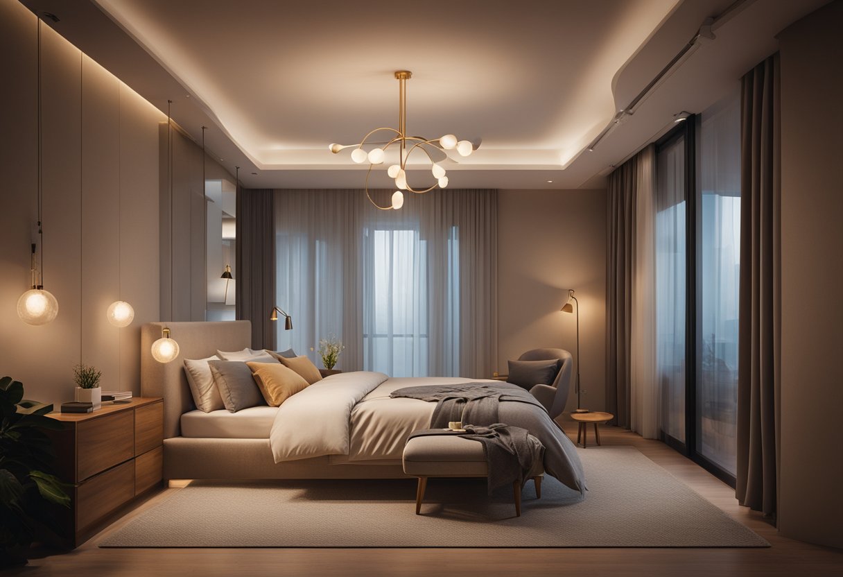 A cozy bedroom with warm, soft lighting from bedside lamps and a ceiling fixture. The light is evenly distributed, creating a comfortable and inviting atmosphere