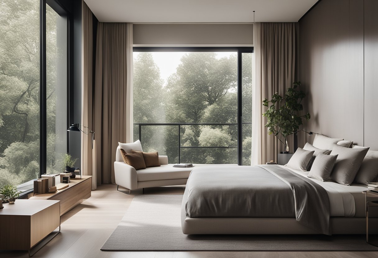A sleek, minimalist bedroom with clean lines, neutral colors, and a mix of textures. A large, unmade bed sits against a backdrop of floor-to-ceiling windows, with a cozy reading nook in the corner