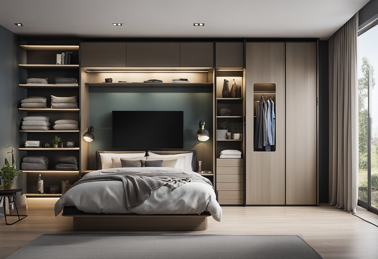 A bedroom with a wall-mounted wardrobe system featuring sliding doors, built-in drawers, and adjustable shelving to maximize space
