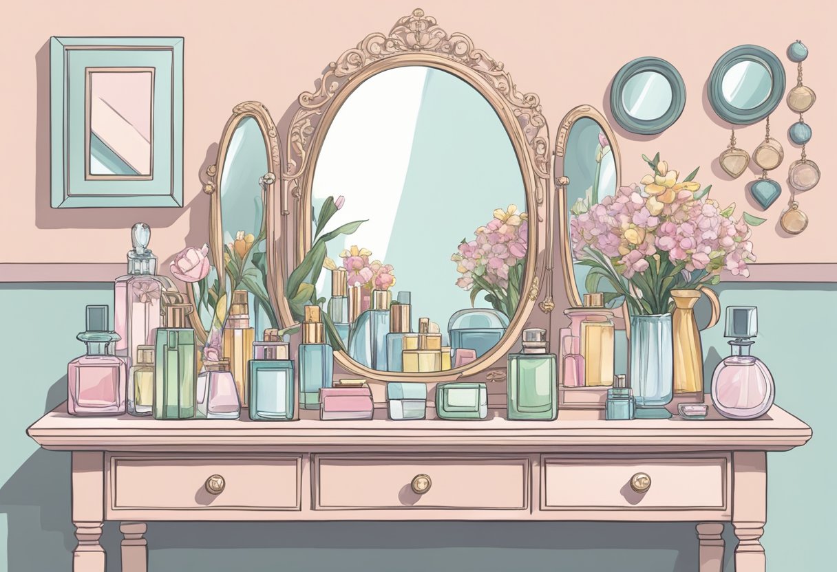 A mirror reflects a cluttered dressing table with perfume bottles, jewelry, and a vase of flowers. A soft, pastel color palette creates a serene atmosphere