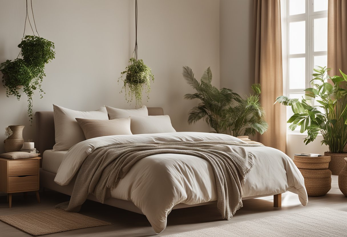 A serene bedroom with minimal decor, soft lighting, and natural materials. A low platform bed with neutral bedding and a large window with flowing curtains. Peaceful ambiance with potted plants and a meditation corner