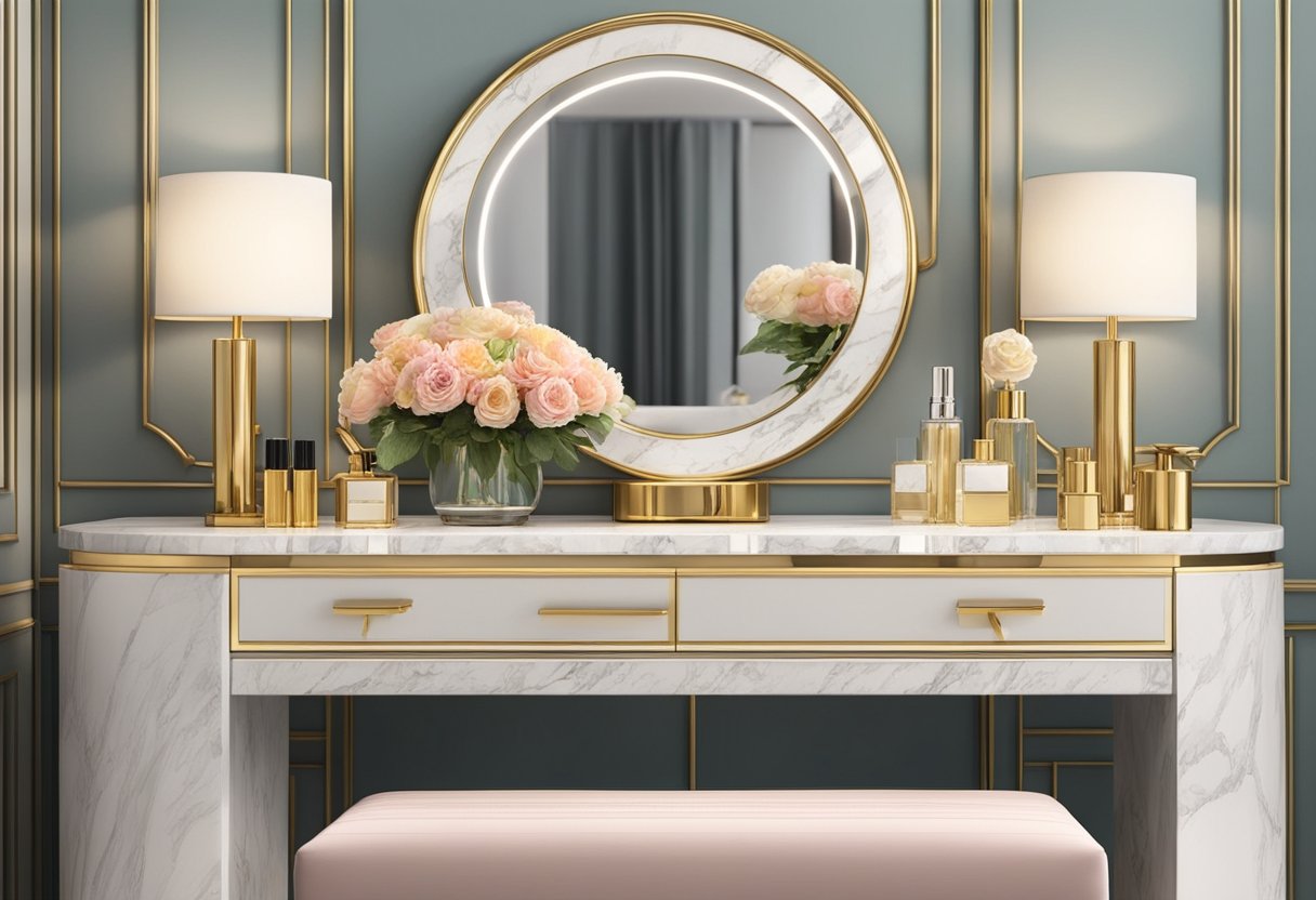 A sleek, modern dressing table with a large, round mirror, a marble tabletop, and gold accents. The table is adorned with elegant perfume bottles, a jewelry box, and a vase of fresh flowers