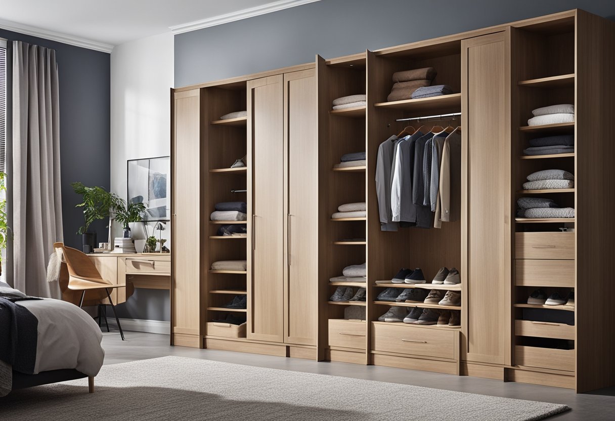 A spacious bedroom with a custom-built wardrobe featuring unique inner designs such as adjustable shelves, hanging rods, and built-in drawers