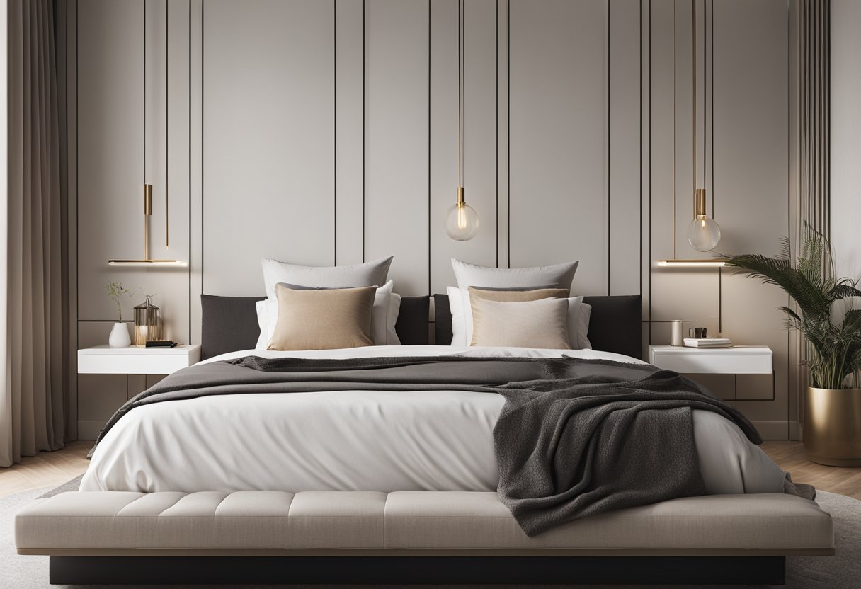 A sleek, minimalist bedroom with clean lines, neutral colors, and a focus on functionality. The space features modern furniture, geometric patterns, and a mix of textures for a sophisticated yet comfortable atmosphere