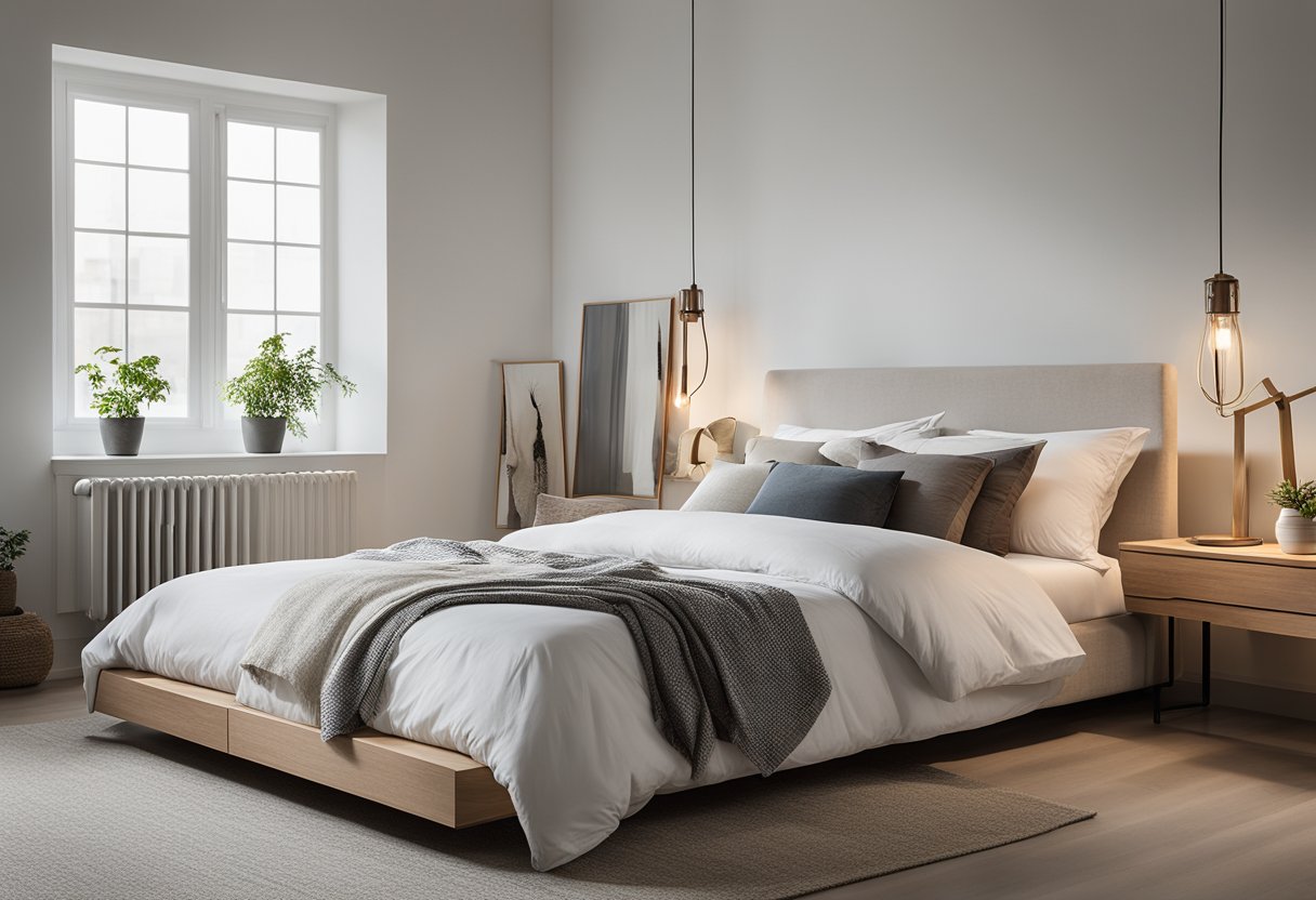 A serene bedroom with minimal furniture, neutral colors, natural lighting, and a clutter-free environment. A low platform bed with a simple design and a few carefully chosen decorative elements