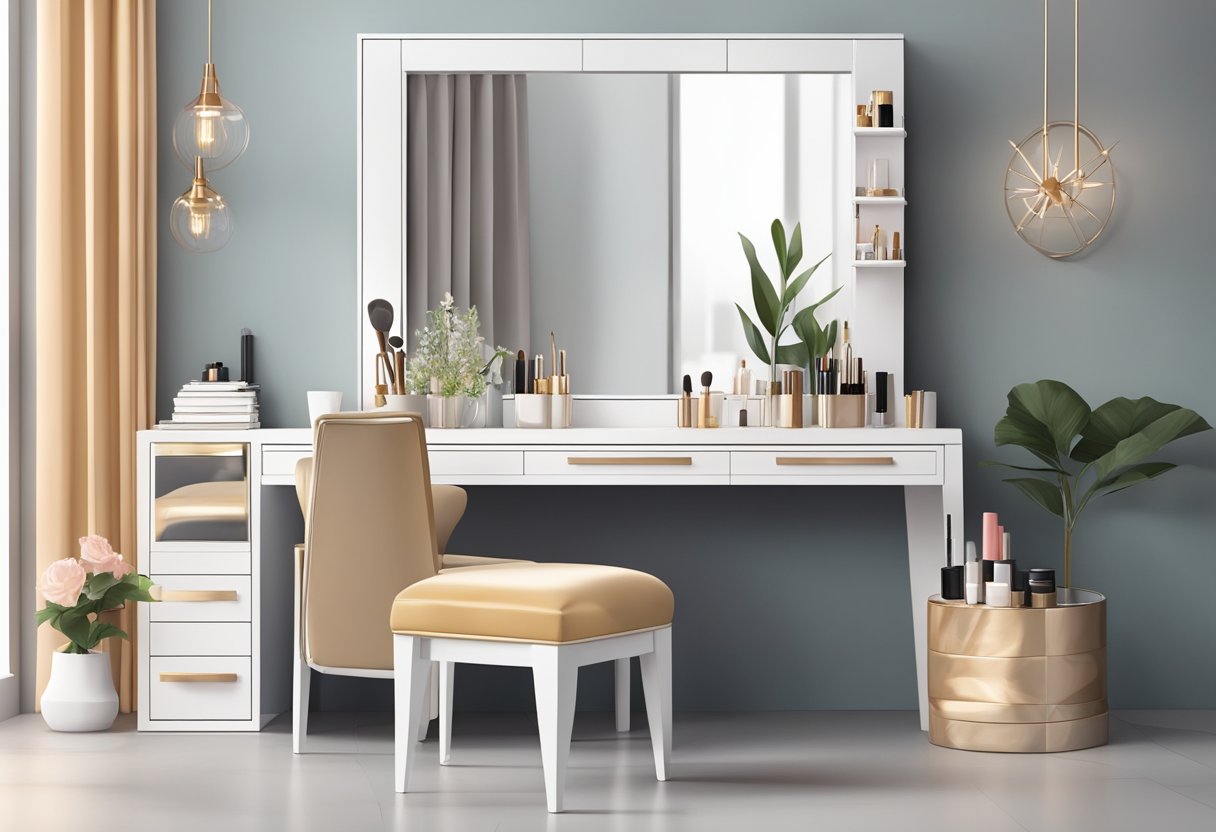A sleek, modern dressing table with a large mirror, organized makeup and jewelry storage, and a comfortable, stylish chair