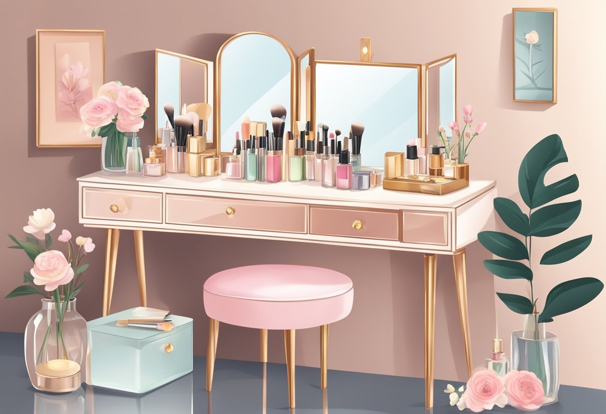 A neatly organized dressing table with a mirror, makeup brushes, perfume bottles, and a jewelry box. The table is adorned with fresh flowers and soft lighting