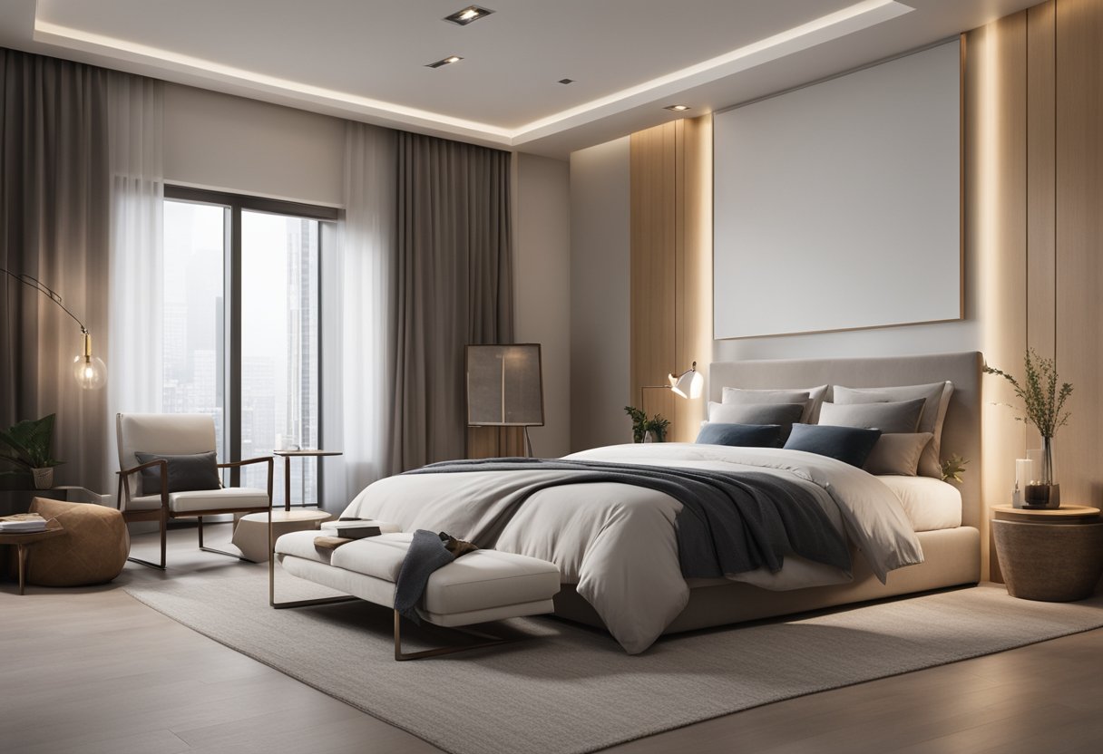 A cozy, minimalist bedroom with clean lines, neutral colors, and soft lighting. A large, comfortable bed sits against a feature wall adorned with abstract art