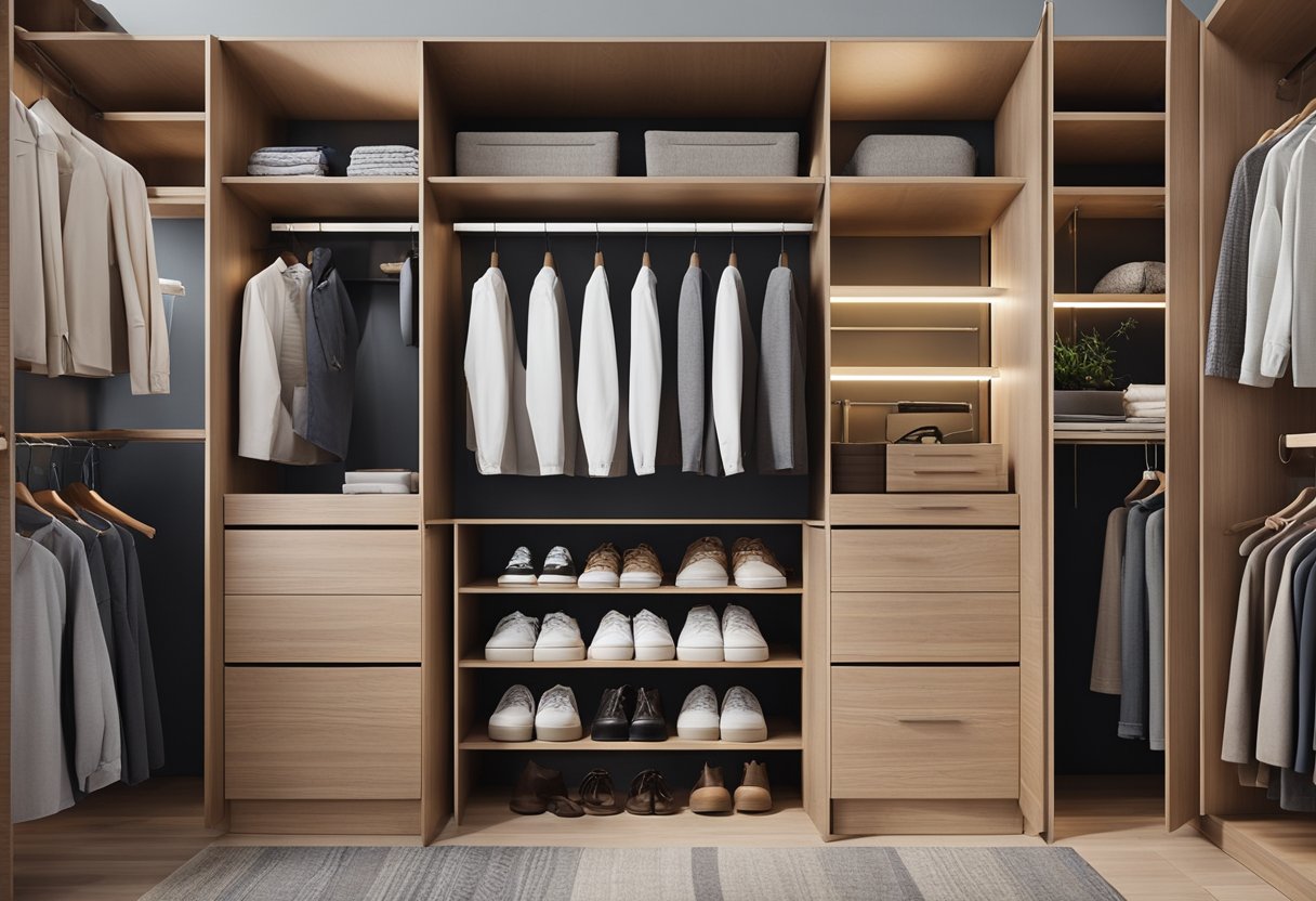 A neatly organized wardrobe with various compartments and shelves, showcasing different inner designs for a bedroom