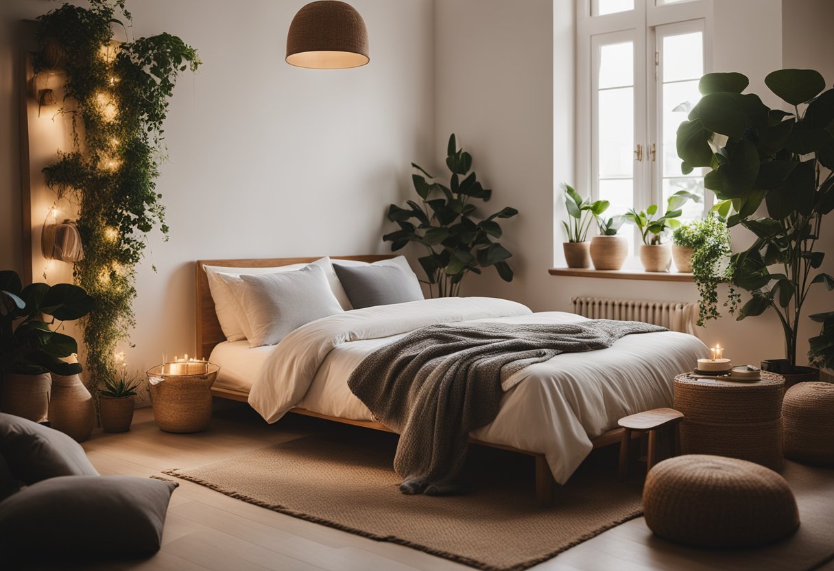 A serene bedroom with minimal furniture, soft lighting, and natural elements like plants and wood. A cozy reading nook with floor cushions and a simple, uncluttered design for a peaceful atmosphere