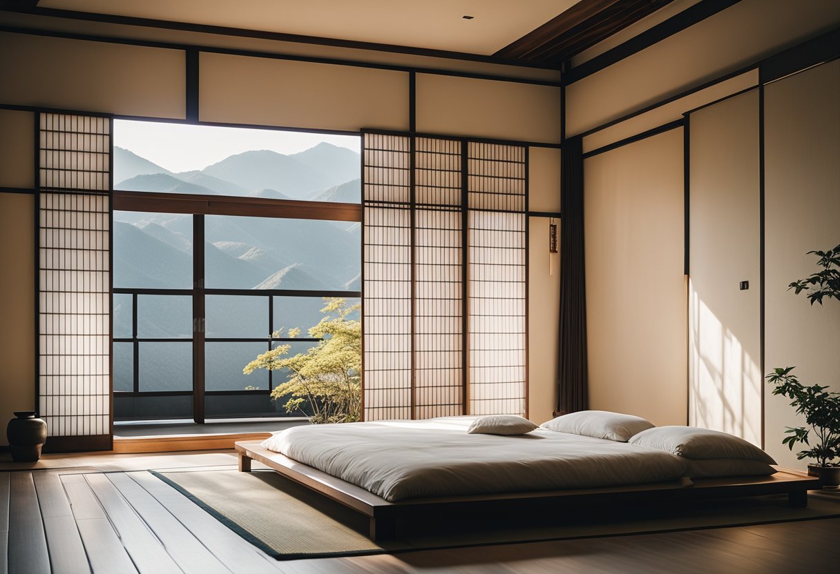 A minimalist Japanese bedroom with a low platform bed, sliding shoji screens, tatami flooring, and a simple, uncluttered aesthetic