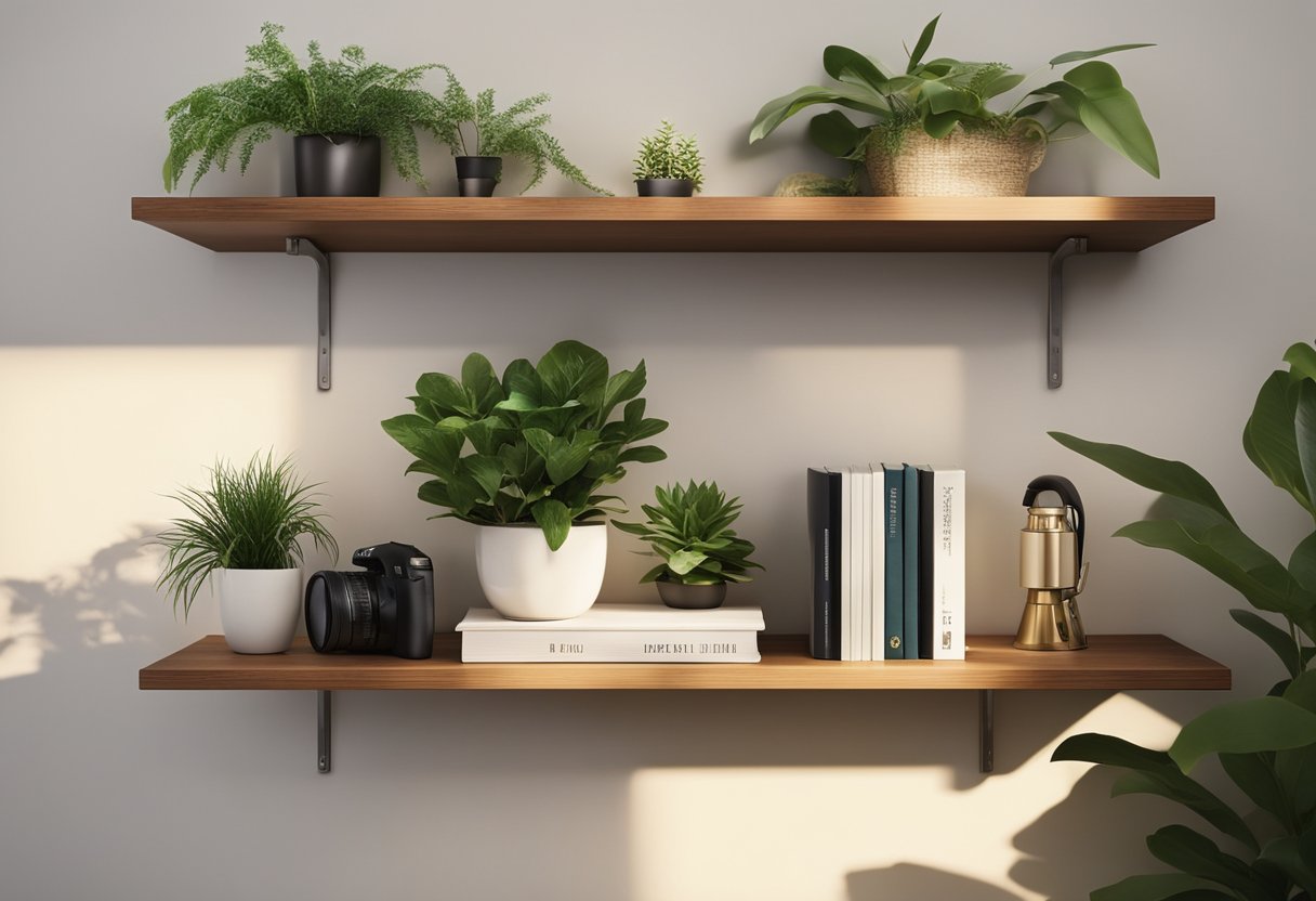 A wooden bedroom shelf holds books, plants, and decorative items. The shelf is mounted on the wall, with soft lighting highlighting the objects