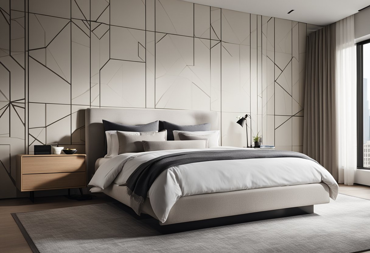 A sleek, minimalist bedroom with clean lines, neutral colors, and modern furniture. A large, comfortable bed with crisp linens sits against a feature wall with a bold, geometric pattern. A floor-to-ceiling window allows natural light to flood the room