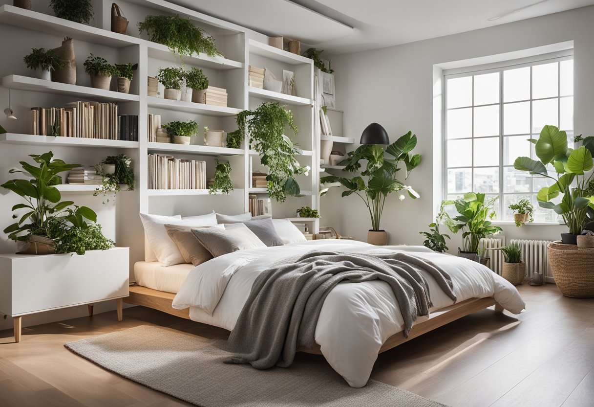 A neat bedroom with sleek, white shelves adorned with books, plants, and decorative items. The shelves are organized and create a sense of tranquility