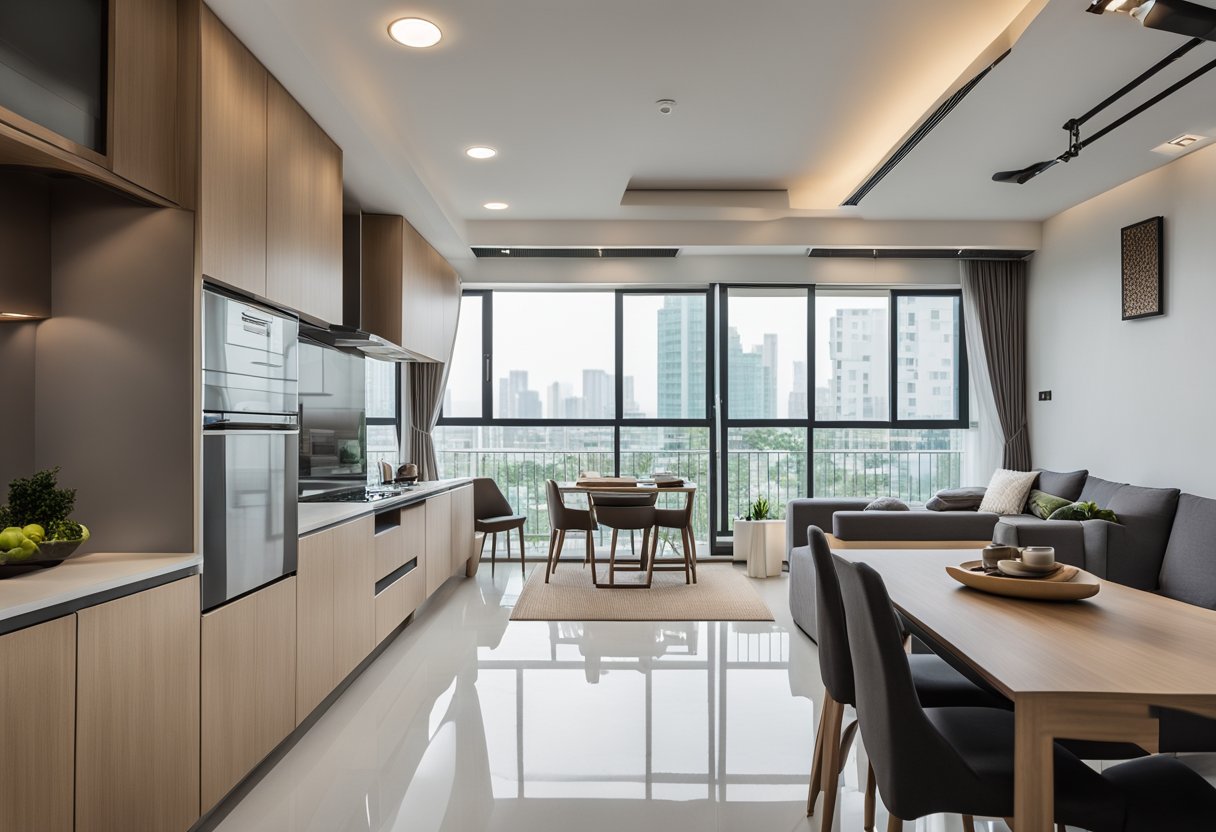 A spacious 3-bedroom HDB unit with modern furnishings, large windows, and a cozy living area. The kitchen is sleek and functional, with a minimalist design