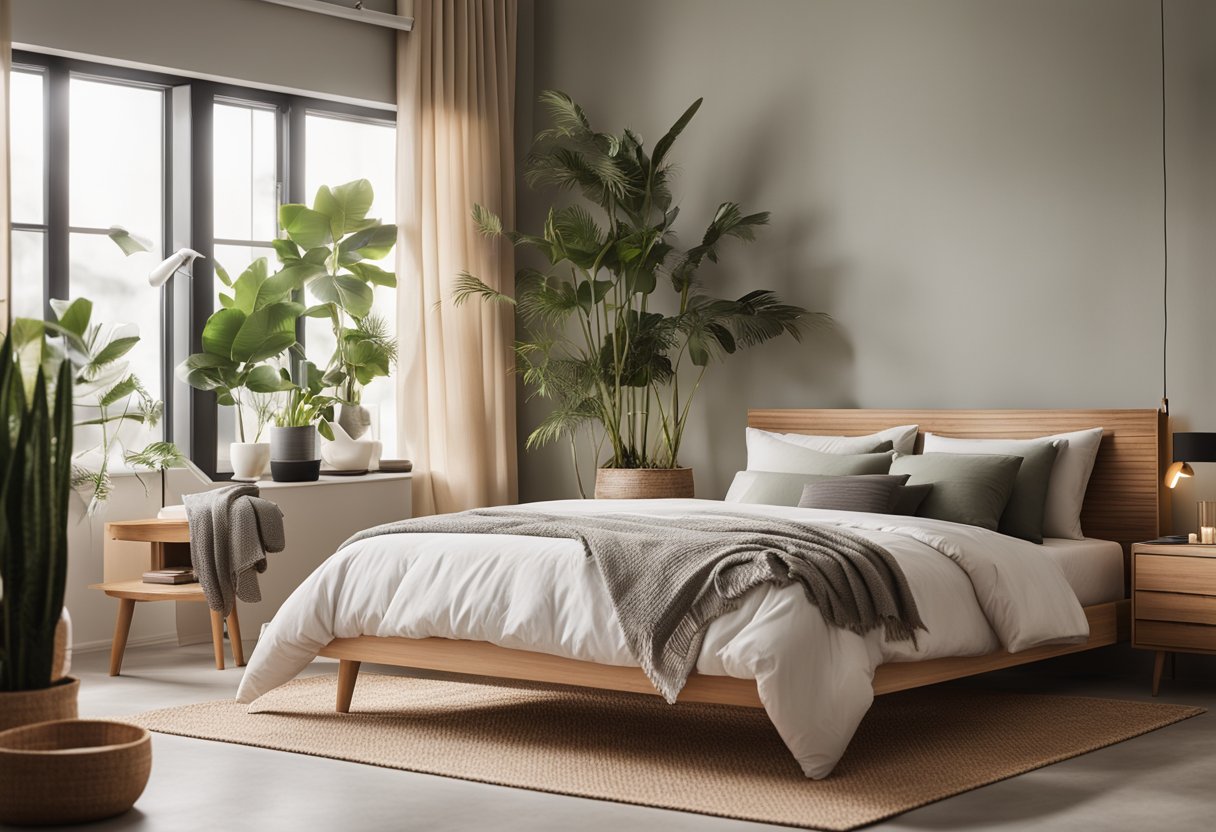 A serene bedroom with minimalistic furniture, soft lighting, and natural elements like plants and wood accents. Peaceful color palette and uncluttered space