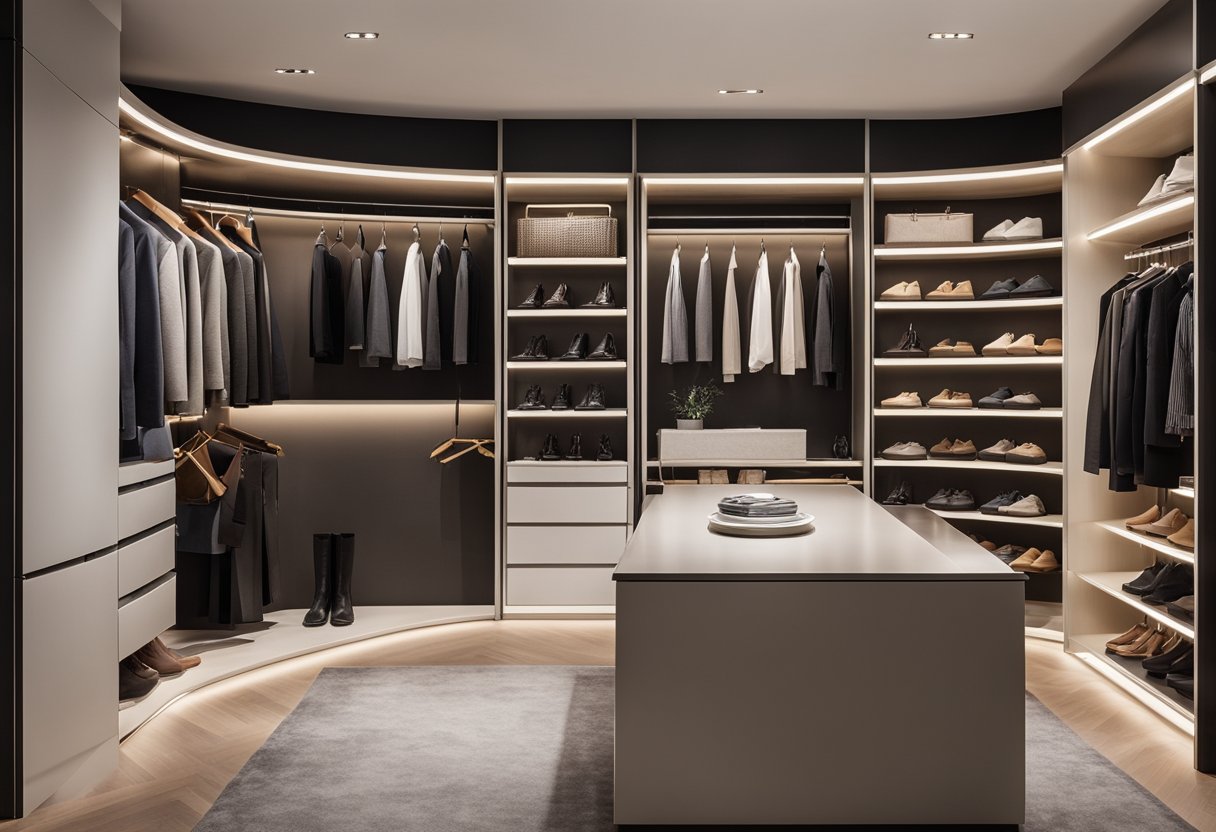 A spacious walk-in wardrobe with sleek, built-in shelves, drawers, and hanging space. Modern lighting fixtures and a luxurious seating area complete the contemporary design