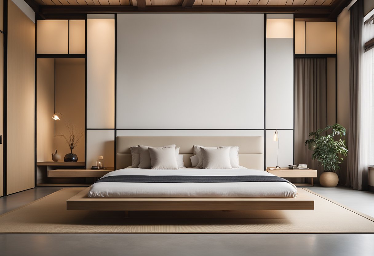A low platform bed with clean lines sits in the center of the room, surrounded by minimalist furniture and neutral colors. Sliding shoji screens let in soft light, while a tatami mat floor adds texture