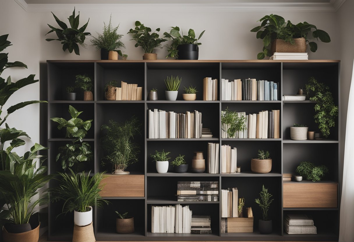 A bedroom shelf holds books, plants, and decorative items. It is organized and aesthetically pleasing, with space for practical storage