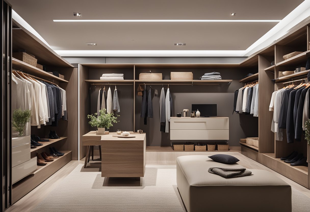A spacious, sleek walk-in wardrobe with built-in shelves, hanging space, and a central island for accessories. The room is bathed in natural light from a large window, with a minimalist color scheme and modern fixtures