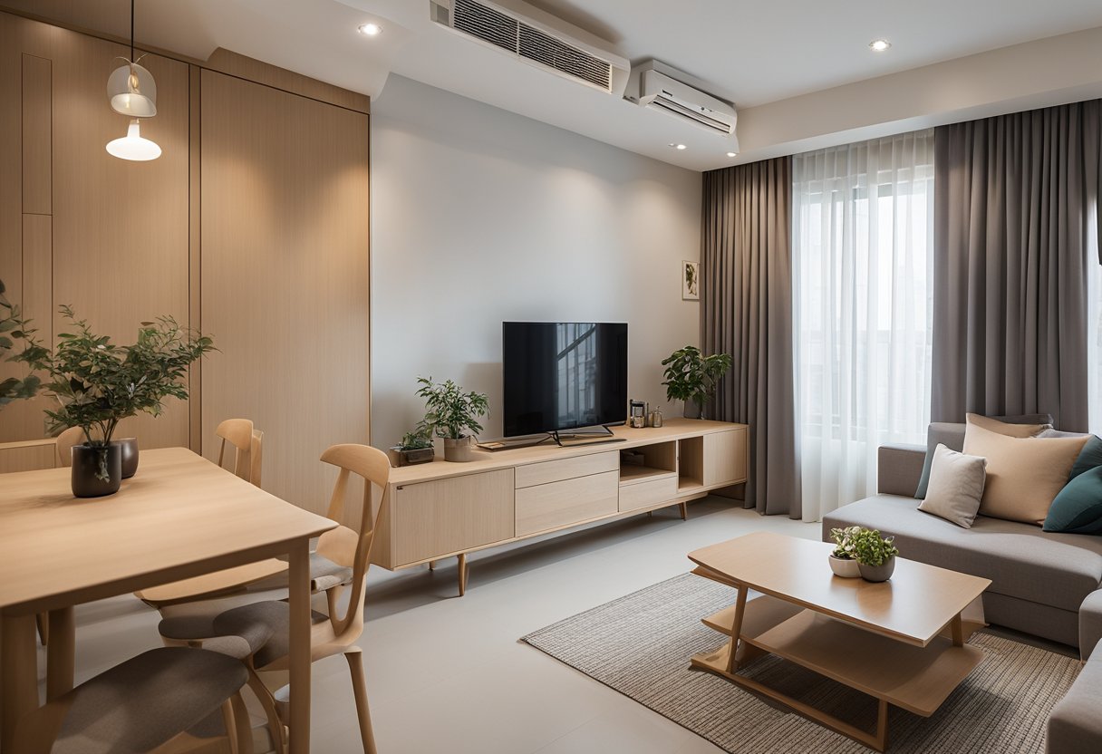 The 3-room HDB space is optimised with clever furniture placement, built-in storage, and multifunctional pieces. The room feels open and airy, with a neutral color palette and natural light streaming in