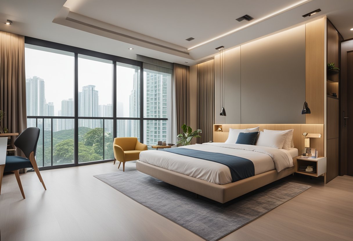 A modern, spacious HDB BTO master bedroom with minimalist decor, a large comfortable bed, and natural lighting from a large window