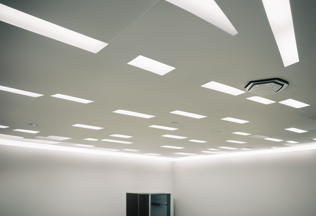 A white ceiling with recessed lighting and a subtle geometric pattern