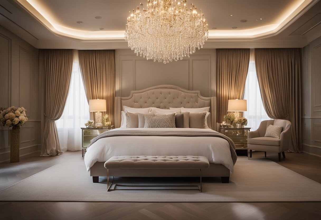A king-sized bed with a plush headboard sits against a backdrop of soft, muted tones. A crystal chandelier casts a warm glow, illuminating the room's elegant furnishings and delicate floral accents