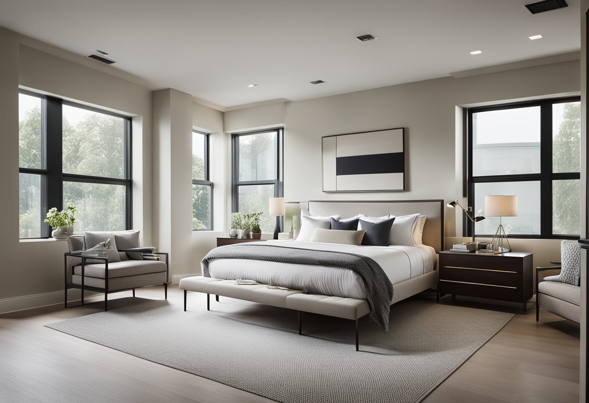 A modern bedroom with sleek furniture, neutral colors, and clean lines. A large, comfortable bed sits in the center, with nightstands on either side. The room is flooded with natural light from large windows