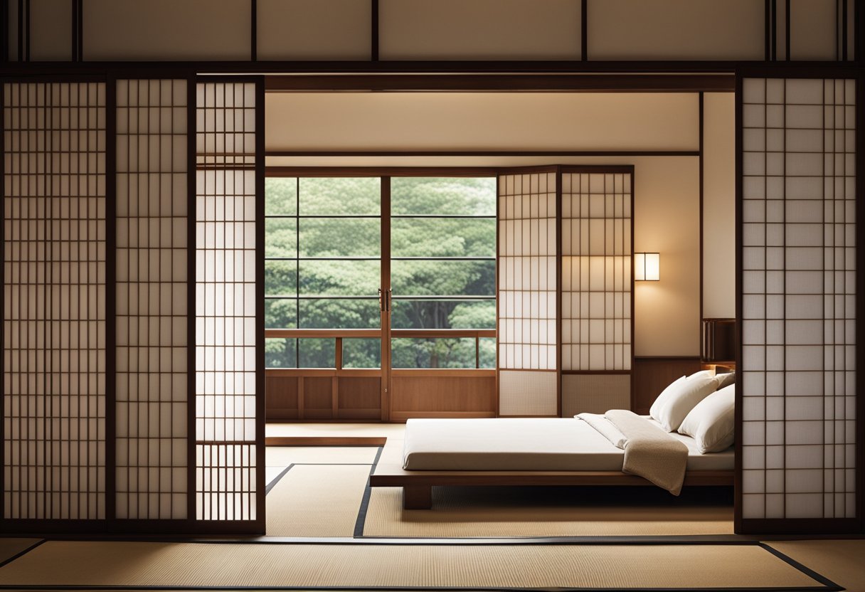A modern Japanese bedroom with traditional shoji screens, low furniture, and minimalist decor, incorporating cultural elements like tatami mats and sliding doors