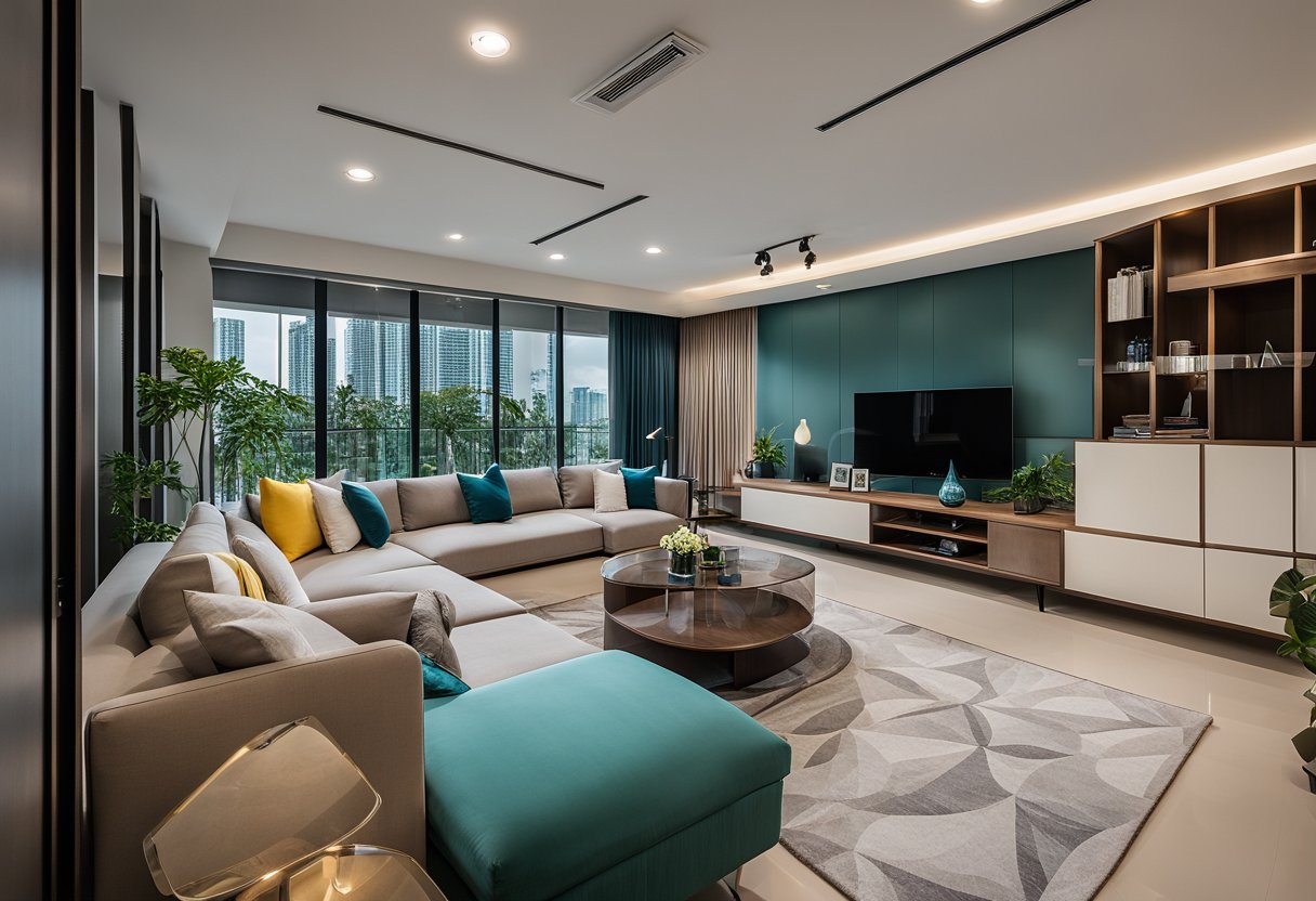 A modern, stylish hdb 3-bedroom design with bold colors, sleek furniture, and unique decor accents. The space exudes personality and sophistication, with clean lines and a welcoming atmosphere