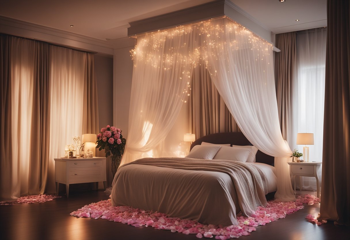 A dimly lit master bedroom with soft, warm lighting, a canopy bed draped in flowing curtains, and scattered rose petals on the floor