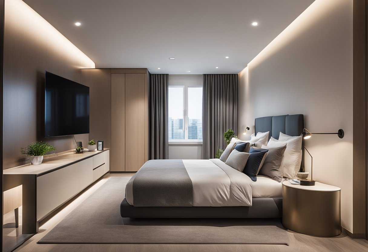 A modern bedroom with sleek, minimalist ceiling designs. Clean lines and subtle lighting create a contemporary and serene atmosphere