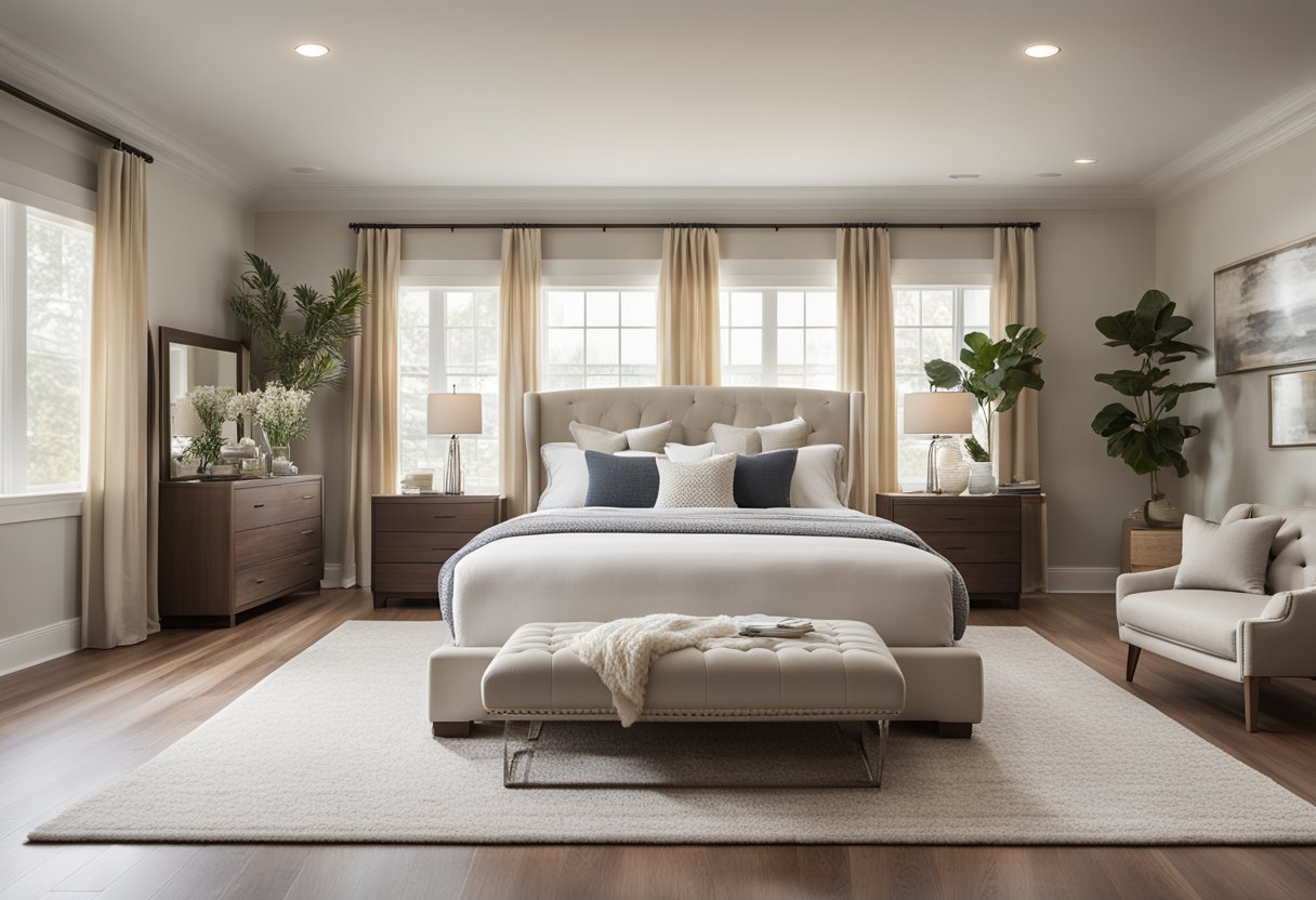 A cozy master bedroom with a queen-sized bed, bedside tables, soft lighting, and a neutral color palette. A large window lets in natural light, and a plush rug adds warmth to the hardwood floors