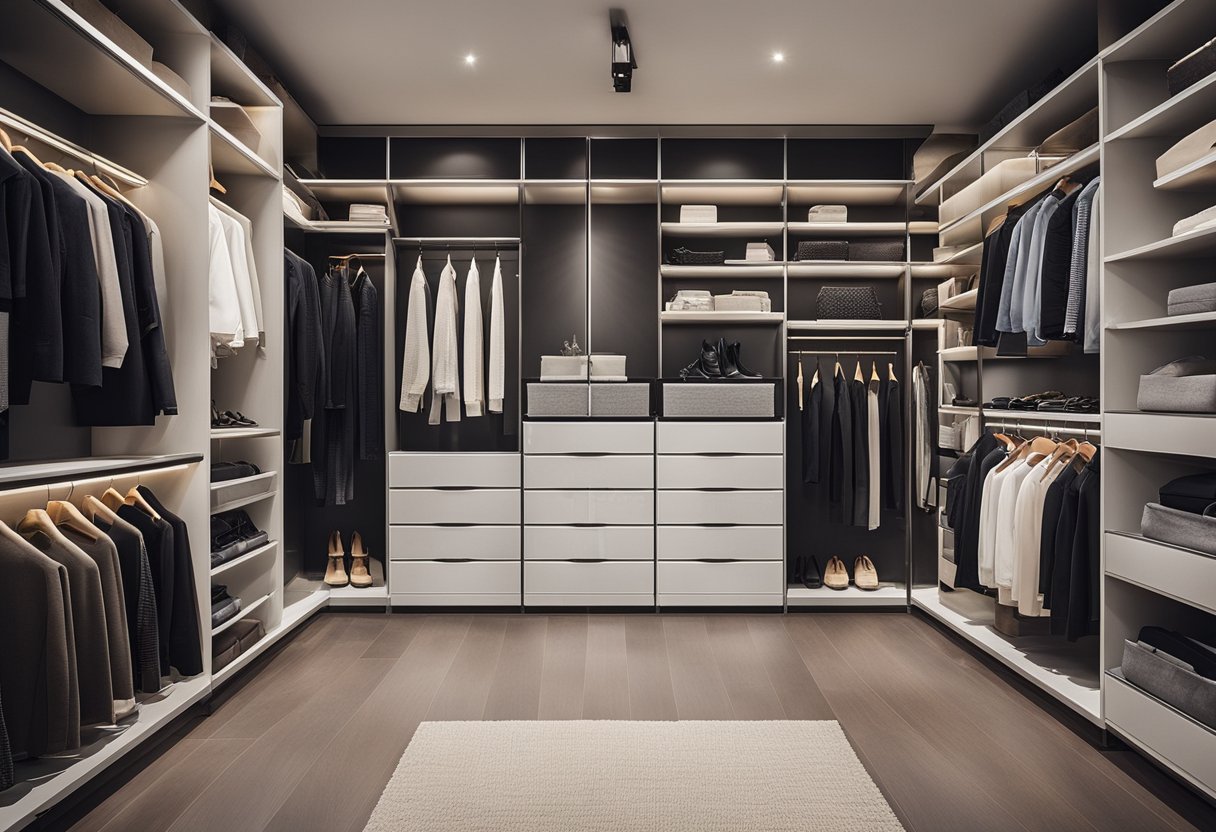 A spacious, well-lit walk-in wardrobe with sleek, modern shelving and storage solutions, accented with personal touches and stylish decor