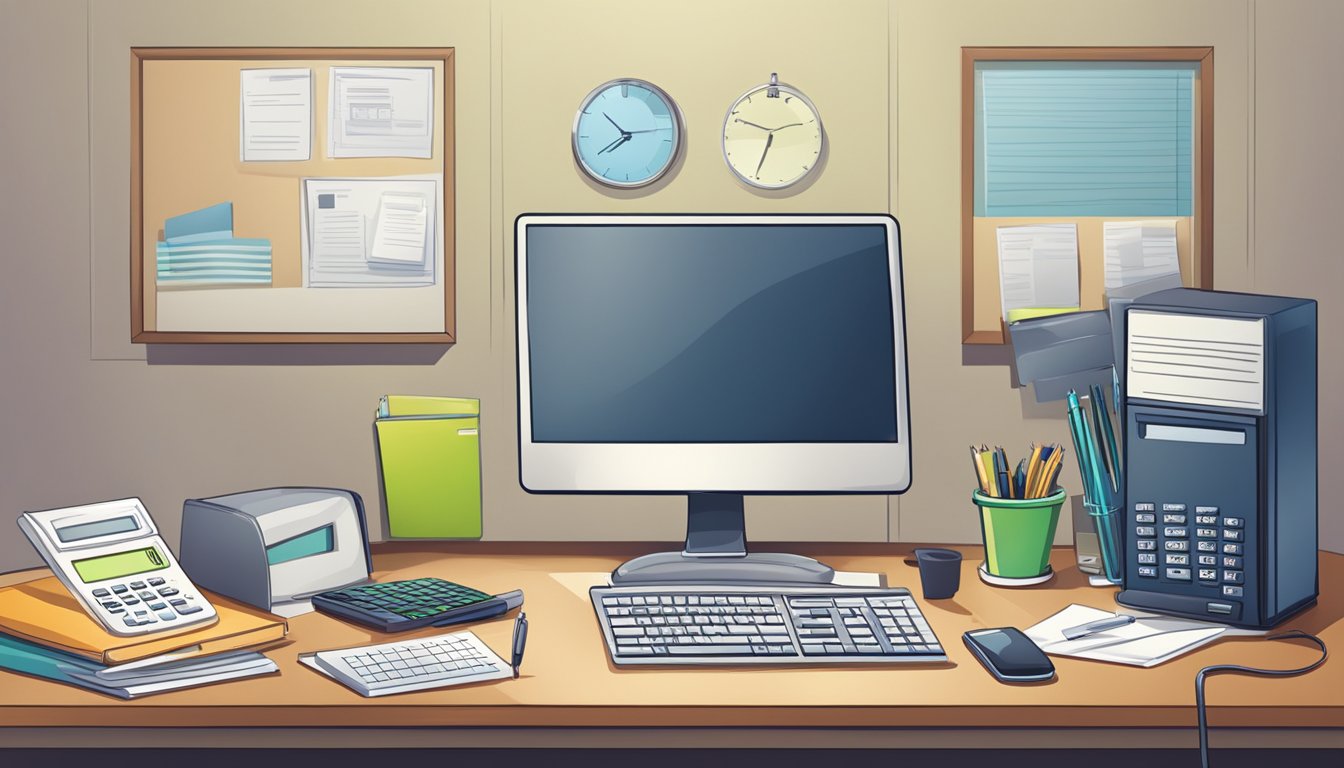 A desk with a computer, paperwork, and a calculator. A sign with "Loan Business" on the wall. A phone and a notebook on the desk